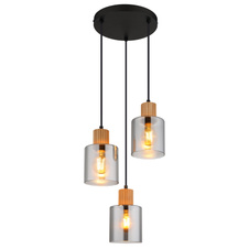 Závěsné svítidlo, matný černý kov, tmavě hnědé dřevo, kouřové sklo, černý PVC kabel, výškově nastavitelné, ø: 300mm, V: 1200mm, bez žárovek 3xE27, max. 25W 230V