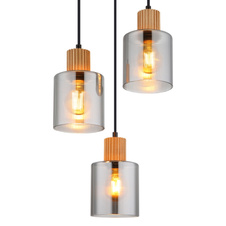 Závěsné svítidlo, matný černý kov, tmavě hnědé dřevo, kouřové sklo, černý PVC kabel, výškově nastavitelné, ø: 300mm, V: 1200mm, bez žárovek 3xE27, max. 25W 230V