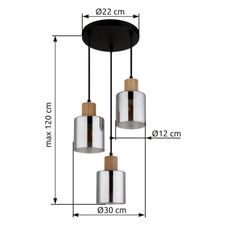 Závěsné svítidlo, matný černý kov, tmavě hnědé dřevo, kouřové sklo, černý PVC kabel, výškově nastavitelné, ø: 300mm, V: 1200mm, bez žárovek 3xE27, max. 25W 230V