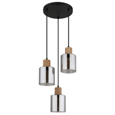 Závěsné svítidlo, matný černý kov, tmavě hnědé dřevo, kouřové sklo, černý PVC kabel, výškově nastavitelné, ø: 300mm, V: 1200mm, bez žárovek 3xE27, max. 25W 230V