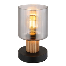 Stolní lampa, černý matný kov, tmavě hnědé dřevo, kouřové sklo, černý PVC kabel, kolébkový vypínač na kabelu, ø: 120mm, V: 210mm, délka kabelu 1500mm, bez žárovky 1xE27, max. 25W 230V