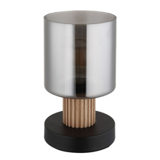 Stolní lampa, černý matný kov, tmavě hnědé dřevo, kouřové sklo, černý PVC kabel, kolébkový vypínač na kabelu, ø: 120mm, V: 210mm, délka kabelu 1500mm, bez žárovky 1xE27, max. 25W 230V