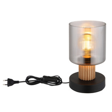 Stolní lampa, černý matný kov, tmavě hnědé dřevo, kouřové sklo, černý PVC kabel, kolébkový vypínač na kabelu, ø: 120mm, V: 210mm, délka kabelu 1500mm, bez žárovky 1xE27, max. 25W 230V