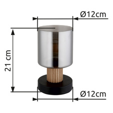 Stolní lampa, černý matný kov, tmavě hnědé dřevo, kouřové sklo, černý PVC kabel, kolébkový vypínač na kabelu, ø: 120mm, V: 210mm, délka kabelu 1500mm, bez žárovky 1xE27, max. 25W 230V