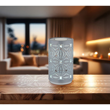 Stolní lampa, bílý plast, šedý kov, dekorativní děrování, dotykový a krokový spínač, RGB měnič barev a fixace, bez adaptéru, USB-C - USB-C, 2h nabíjení, 6h svícení, ø: 80mm, V: 140mm, délka kabelu 800mm, LED 1W 230V, výkon 15lm, barva+6000K