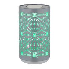 Stolní lampa, bílý plast, šedý kov, dekorativní děrování, dotykový a krokový spínač, RGB měnič barev a fixace, bez adaptéru, USB-C - USB-C, 2h nabíjení, 6h svícení, ø: 80mm, V: 140mm, délka kabelu 800mm, LED 1W 230V, výkon 15lm, barva+6000K