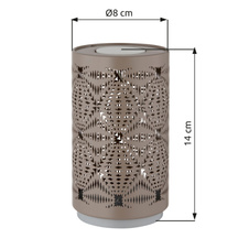 Stolní lampa, bílý plast, šedý kov, dekorativní děrování, dotykový a krokový spínač, RGB měnič barev a fixace, bez adaptéru, USB-C - USB-C, 2h nabíjení, 6h svícení, ø: 80mm, V: 140mm, délka kabelu 800mm, LED 1W 230V, výkon 15lm, barva+6000K