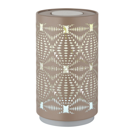 Stolní lampa plastová bílá, kovová s ozdobným děrováním v barvě šampaňského, dotykové zapínání/vypínání, RGB, bez adaptéru, Aku.CR18650 500mAh 3,7V, dobíjení 2h, svítí 6h, ø: 80mm H: 140mm, LED 1W 230V, zdroj 40lm, výkon 15lm, barva+6000K