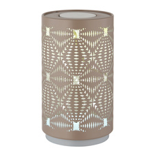 Stolní lampa plastová bílá, kovová s ozdobným děrováním v barvě šampaňského, dotykové zapínání/vypínání, RGB, bez adaptéru, Aku.CR18650 500mAh 3,7V, dobíjení 2h, svítí 6h, ø: 80mm H: 140mm, LED 1W 230V, zdroj 40lm, výkon 15lm, barva+6000K