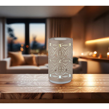 Stolní lampa plastová bílá, kovová s ozdobným děrováním v barvě šampaňského, dotykové zapínání/vypínání, RGB, bez adaptéru, Aku.CR18650 500mAh 3,7V, dobíjení 2h, svítí 6h, ø: 80mm H: 140mm, LED 1W 230V, zdroj 40lm, výkon 15lm, barva+6000K