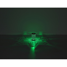 Stolní lampa plastová bílá, kovová s ozdobným děrováním v barvě šampaňského, dotykové zapínání/vypínání, RGB, bez adaptéru, Aku.CR18650 500mAh 3,7V, dobíjení 2h, svítí 6h, ø: 80mm H: 140mm, LED 1W 230V, zdroj 40lm, výkon 15lm, barva+6000K