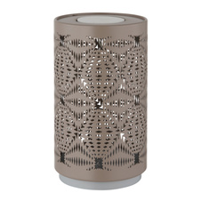 Stolní lampa plastová bílá, kovová s ozdobným děrováním v barvě šampaňského, dotykové zapínání/vypínání, RGB, bez adaptéru, Aku.CR18650 500mAh 3,7V, dobíjení 2h, svítí 6h, ø: 80mm H: 140mm, LED 1W 230V, zdroj 40lm, výkon 15lm, barva+6000K