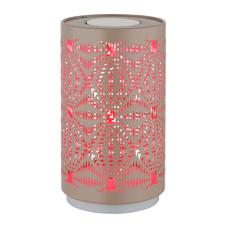 Stolní lampa plastová bílá, kovová s ozdobným děrováním v barvě šampaňského, dotykové zapínání/vypínání, RGB, bez adaptéru, Aku.CR18650 500mAh 3,7V, dobíjení 2h, svítí 6h, ø: 80mm H: 140mm, LED 1W 230V, zdroj 40lm, výkon 15lm, barva+6000K