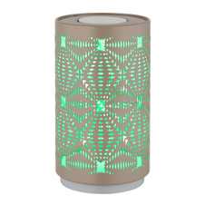 Stolní lampa plastová bílá, kovová s ozdobným děrováním v barvě šampaňského, dotykové zapínání/vypínání, RGB, bez adaptéru, Aku.CR18650 500mAh 3,7V, dobíjení 2h, svítí 6h, ø: 80mm H: 140mm, LED 1W 230V, zdroj 40lm, výkon 15lm, barva+6000K