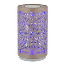 Stolní lampa plastová bílá, kovová s ozdobným děrováním v barvě šampaňského, dotykové zapínání/vypínání, RGB, bez adaptéru, Aku.CR18650 500mAh 3,7V, dobíjení 2h, svítí 6h, ø: 80mm H: 140mm, LED 1W 230V, zdroj 40lm, výkon 15lm, barva+6000K