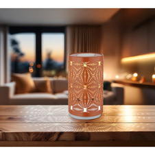 Stolní lampa, bílý plast, zlatý kov, dekorativní perforace, dotykový a krokový spínač, RGB měnič barev a fixace, bez adaptéru, USB-C - USB-C, 2h nabíjení, 6h svícení, ø: 80mm, V: 140mm, délka kabelu 800mm, LED 1W 230V, výkon 15lm, barva+6000K