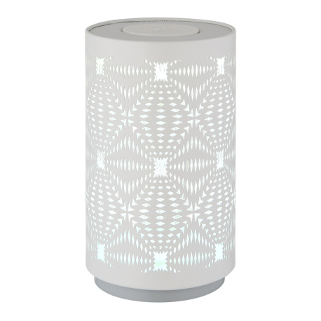 Stolní lampa, plastová bílá, kovová bílá, dekorativní děrování, dotykový a krokový spínač, RGB měnič barev a fixace, bez adaptéru, USB-C - USB-C, nabíjí se 2h, svítí 6h, ø: 80mm, V: 140mm, délka kabelu 800mm, LED 1W 230V, výkon 15lm, barva+6000K