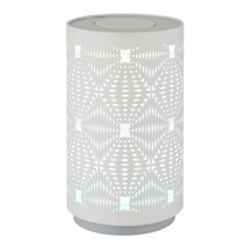 Stolní lampa, plastová bílá, kovová bílá, dekorativní děrování, dotykový a krokový spínač, RGB měnič barev a fixace, bez adaptéru, USB-C - USB-C, nabíjí se 2h, svítí 6h, ø: 80mm, V: 140mm, délka kabelu 800mm, LED 1W 230V, výkon 15lm, barva+6000K