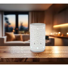 Stolní lampa, plastová bílá, kovová bílá, dekorativní děrování, dotykový a krokový spínač, RGB měnič barev a fixace, bez adaptéru, USB-C - USB-C, nabíjí se 2h, svítí 6h, ø: 80mm, V: 140mm, délka kabelu 800mm, LED 1W 230V, výkon 15lm, barva+6000K