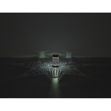 Stolní lampa, plastová bílá, kovová bílá, dekorativní děrování, dotykový a krokový spínač, RGB měnič barev a fixace, bez adaptéru, USB-C - USB-C, nabíjí se 2h, svítí 6h, ø: 80mm, V: 140mm, délka kabelu 800mm, LED 1W 230V, výkon 15lm, barva+6000K