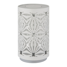 Stolní lampa, plastová bílá, kovová bílá, dekorativní děrování, dotykový a krokový spínač, RGB měnič barev a fixace, bez adaptéru, USB-C - USB-C, nabíjí se 2h, svítí 6h, ø: 80mm, V: 140mm, délka kabelu 800mm, LED 1W 230V, výkon 15lm, barva+6000K