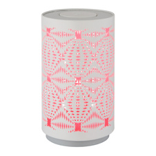 Stolní lampa, plastová bílá, kovová bílá, dekorativní děrování, dotykový a krokový spínač, RGB měnič barev a fixace, bez adaptéru, USB-C - USB-C, nabíjí se 2h, svítí 6h, ø: 80mm, V: 140mm, délka kabelu 800mm, LED 1W 230V, výkon 15lm, barva+6000K