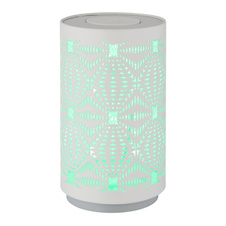 Stolní lampa, plastová bílá, kovová bílá, dekorativní děrování, dotykový a krokový spínač, RGB měnič barev a fixace, bez adaptéru, USB-C - USB-C, nabíjí se 2h, svítí 6h, ø: 80mm, V: 140mm, délka kabelu 800mm, LED 1W 230V, výkon 15lm, barva+6000K