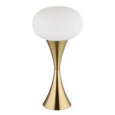 Stolní lampa, kov matná mosaz, bílé sklo, černý PVC kabel, kolébkový vypínač na kabelu, ø: 180mm, V: 369mm, délka kabelu 1500mm, bez žárovky 1xE14, max. 25W 230V