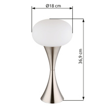 Stolní lampa, kov nikl mat, bílé sklo, černý PVC kabel, kolébkový vypínač na kabelu, ø: 180mm, V: 369mm, délka kabelu 1500mm, bez žárovky 1xE14, max. 25 W 230 V