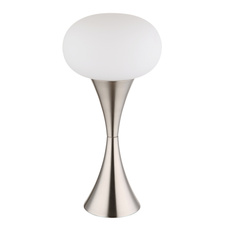 Stolní lampa, kov nikl mat, bílé sklo, černý PVC kabel, kolébkový vypínač na kabelu, ø: 180mm, V: 369mm, délka kabelu 1500mm, bez žárovky 1xE14, max. 25 W 230 V