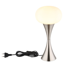 Stolní lampa, kov nikl mat, bílé sklo, černý PVC kabel, kolébkový vypínač na kabelu, ø: 180mm, V: 369mm, délka kabelu 1500mm, bez žárovky 1xE14, max. 25 W 230 V