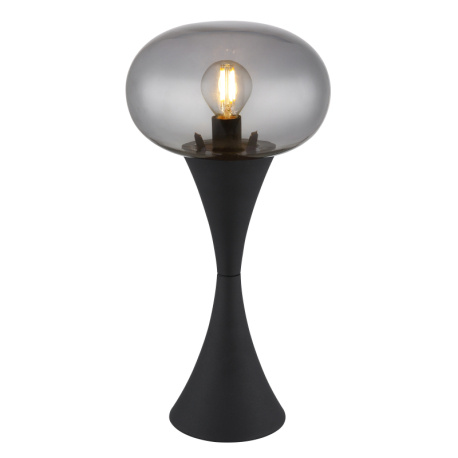 Stolní lampa, černý matný kov, kouřové sklo, černý PVC kabel, kolébkový vypínač na kabelu, ø: 180mm, V: 369mm, délka kabelu 1500mm, bez žárovky 1xE14, max. 25W 230V