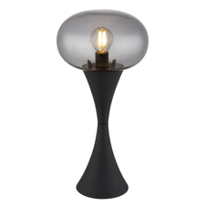 Stolní lampa, černý matný kov, kouřové sklo, černý PVC kabel, kolébkový vypínač na kabelu, ø: 180mm, V: 369mm, délka kabelu 1500mm, bez žárovky 1xE14, max. 25W 230V