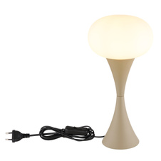 Stolní lampa, matný pískový kov, bílé sklo, bílý PVC kabel, kolébkový vypínač na kabelu, ø: 180mm, V: 369mm, délka kabelu 1500mm, bez žárovky 1xE14, max. 25W 230V