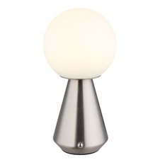 Stolní lampa, kov nikl, bílý akryl, bílý PVC kabel 800 mm, dotykový spínač, plynulá regulace stmívání, fixace barev, paměťová funkce, bez adaptéru, USB-A 2.0 - USB-C, IP41, ø: 120 mm, V: 235 mm, LED 1,5W 230V, výkon 140 lm, CCT 3000/6500/4500K