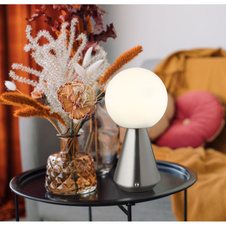 Stolní lampa, kov nikl, bílý akryl, bílý PVC kabel 800 mm, dotykový spínač, plynulá regulace stmívání, fixace barev, paměťová funkce, bez adaptéru, USB-A 2.0 - USB-C, IP41, ø: 120 mm, V: 235 mm, LED 1,5W 230V, výkon 140 lm, CCT 3000/6500/4500K