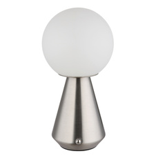 Stolní lampa, kov nikl, bílý akryl, bílý PVC kabel 800 mm, dotykový spínač, plynulá regulace stmívání, fixace barev, paměťová funkce, bez adaptéru, USB-A 2.0 - USB-C, IP41, ø: 120 mm, V: 235 mm, LED 1,5W 230V, výkon 140 lm, CCT 3000/6500/4500K