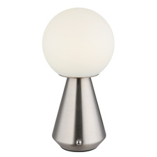 Stolní lampa, kov nikl, bílý akryl, bílý PVC kabel 800 mm, dotykový spínač, plynulá regulace stmívání, fixace barev, paměťová funkce, bez adaptéru, USB-A 2.0 - USB-C, IP41, ø: 120 mm, V: 235 mm, LED 1,5W 230V, výkon 140 lm, CCT 3000/6500/4500K