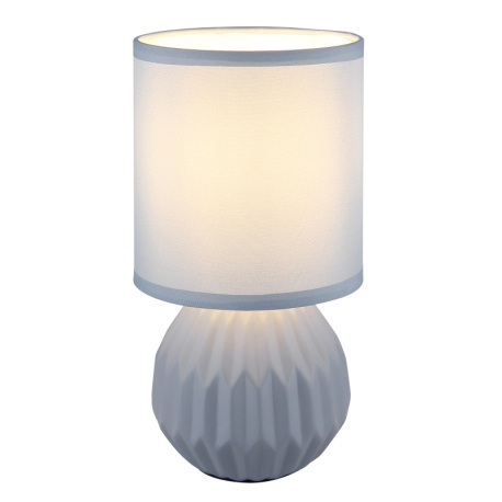 Stolní lampa, keramická modrá, textil modrý, PVC kabel bílý, kolébkový vypínač na kabelu, ø: 120mm, V: 230mm, délka kabelu 1300mm, bez žárovky 1xE14, max. 40W 230V