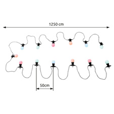 LED světelný řetěz, černý plast, plast opál, párty řetěz, pro venkovní použití, IP44, délka kabelu 3m, vzdálenost mezi LED 50cm, celková délka: 12,5m, včetně 20xLED 0,3W 230V.