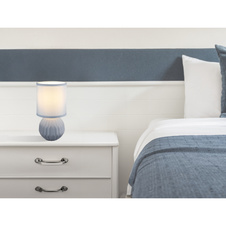 Stolní lampa, keramická modrá, textil modrý, PVC kabel bílý, kolébkový vypínač na kabelu, ø: 120mm, V: 230mm, délka kabelu 1300mm, bez žárovky 1xE14, max. 40W 230V