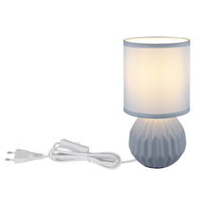 Stolní lampa, keramická modrá, textil modrý, PVC kabel bílý, kolébkový vypínač na kabelu, ø: 120mm, V: 230mm, délka kabelu 1300mm, bez žárovky 1xE14, max. 40W 230V