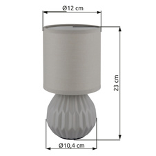 Stolní lampa, keramická šedá, textil šedý, PVC kabel bílý, kolébkový vypínač na kabelu, ø: 120mm, V: 230mm, délka kabelu 1300mm, bez žárovky 1xE14, max. 40W 230V