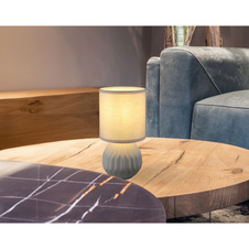 Stolní lampa, keramická šedá, textil šedý, PVC kabel bílý, kolébkový vypínač na kabelu, ø: 120mm, V: 230mm, délka kabelu 1300mm, bez žárovky 1xE14, max. 40W 230V