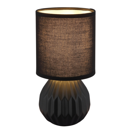 Stolní lampa, černá keramika, černý textil, černý PVC kabel, kolébkový vypínač na kabelu, ø: 120mm, V: 230mm, délka kabelu 1300mm, bez žárovky 1xE14, max. 40W 230V