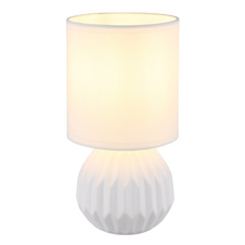 Stolní lampa, bílá keramika, bílý textil, bílý PVC kabel, kolébkový vypínač na kabelu, ø: 120mm, V: 230mm, délka kabelu 1300mm, bez žárovky 1xE14, max. 40W 230V