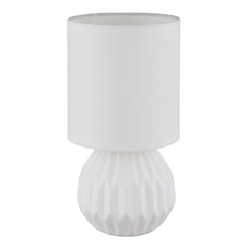Stolní lampa, bílá keramika, bílý textil, bílý PVC kabel, kolébkový vypínač na kabelu, ø: 120mm, V: 230mm, délka kabelu 1300mm, bez žárovky 1xE14, max. 40W 230V