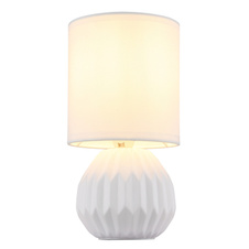 Stolní lampa, bílá keramika, bílý textil, bílý PVC kabel, kolébkový vypínač na kabelu, ø: 120mm, V: 230mm, délka kabelu 1300mm, bez žárovky 1xE14, max. 40W 230V