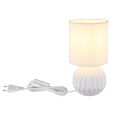 Stolní lampa, bílá keramika, bílý textil, bílý PVC kabel, kolébkový vypínač na kabelu, ø: 120mm, V: 230mm, délka kabelu 1300mm, bez žárovky 1xE14, max. 40W 230V
