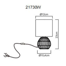 Stolní lampa, bílá keramika, bílý textil, bílý PVC kabel, kolébkový vypínač na kabelu, ø: 120mm, V: 230mm, délka kabelu 1300mm, bez žárovky 1xE14, max. 40W 230V